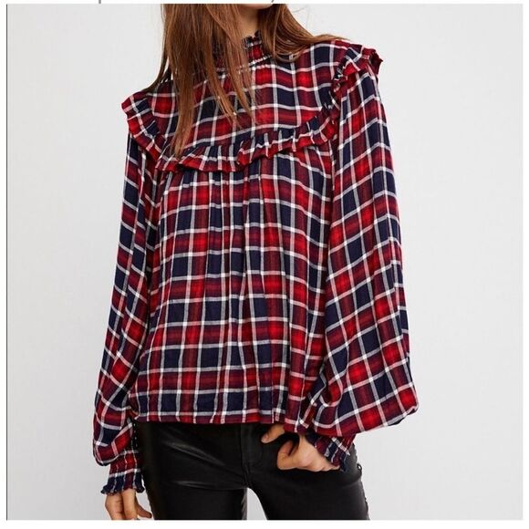Free People Tops - Free People Charlie ruffle plaid top NWT size XS